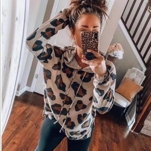 Leopard Waffle Knit Long Sleeves Hoodie